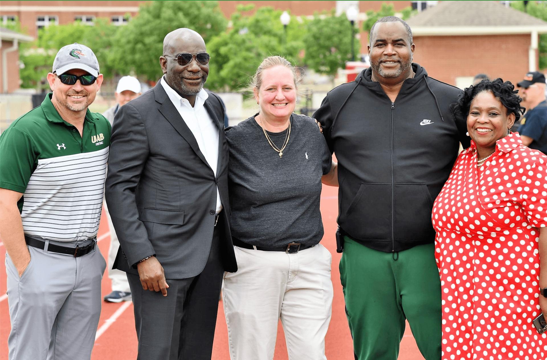 BCS Let's Move Community Huddle leaders (from left): UAB Coach Bill Clark, BCS Superintendent Dr. Mark Sullivan, BCS Let's Move Director Dr. Sherri Huff, Huffman High School Principal John Lyons and BCS Executive Director of Curriculum & Instruction Dr. Pamela Williams.